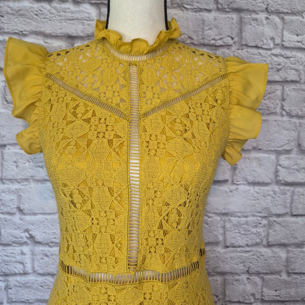 Altar'd State dress mustard yellow lace flutter sleeve high neck mini size S - Picture 4 of 9